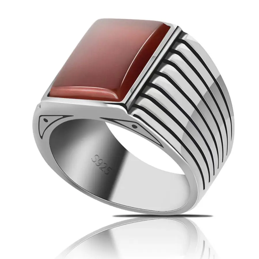 Wholesale Real 925 Sterling Silver Men Vintage Natural Agate Stone Handmade Fashion Rings Men Silver Ring
