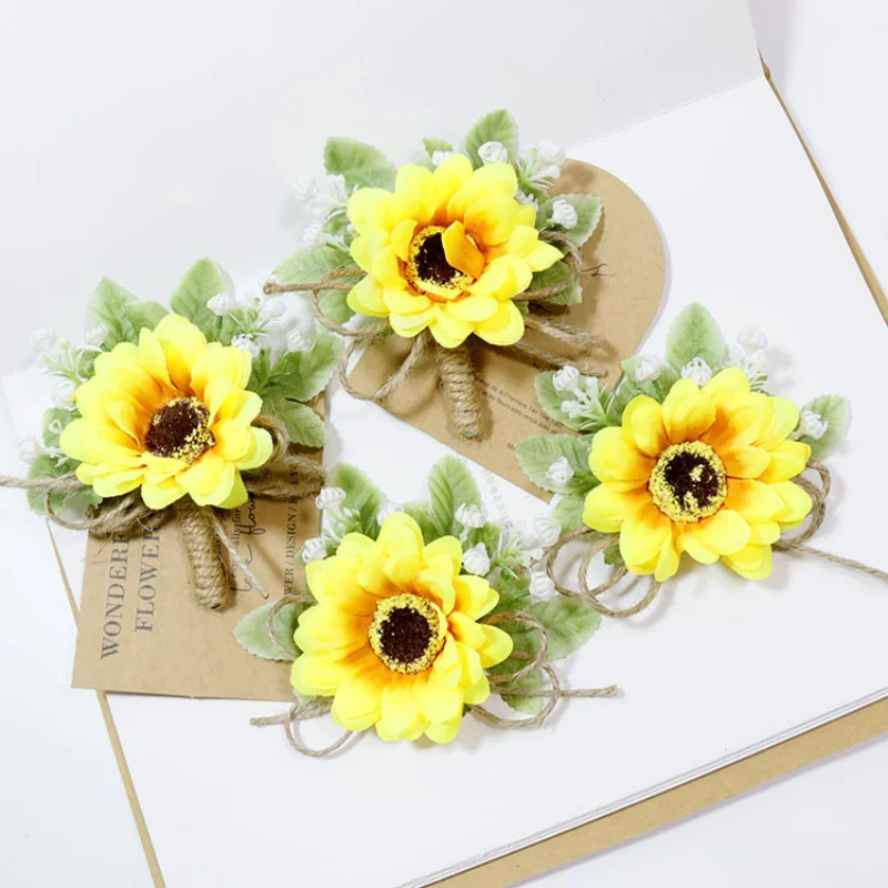 New 2023 Artifical Sunflower Mensuit Groomsmen Wedding Accessories Boutonniere Mariage Homme Bodas