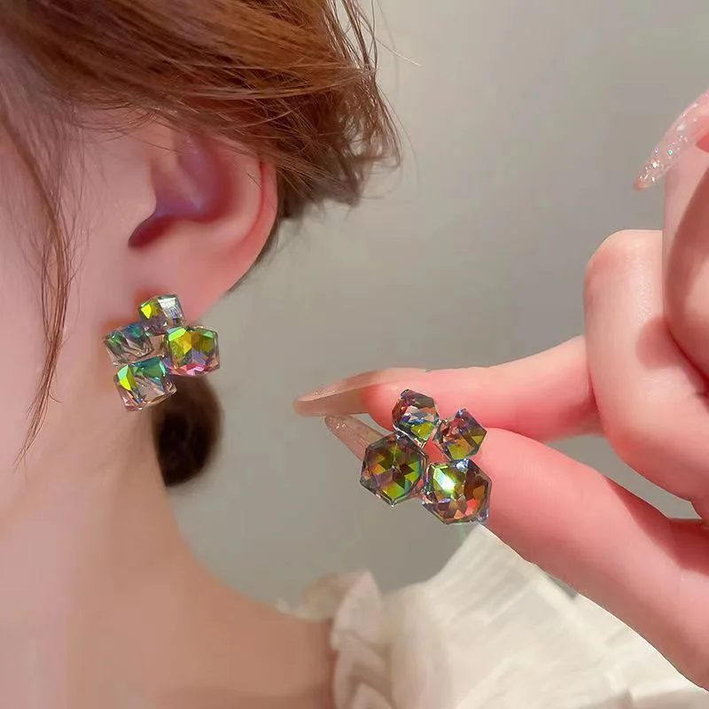 LATS Fantastic Colorful Crystal Geometric Square Earrings for Women Girls Different Angles and Colors Unusual Design Jewelry