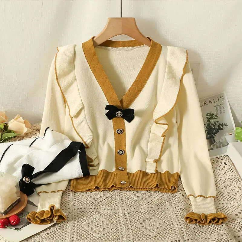 Bow V Neck Ruffles Patchwork Cardigan Autumn Winter New Long Sleeve Contrast Elegant Sweaters Tops Fashion Korean Women Clothing