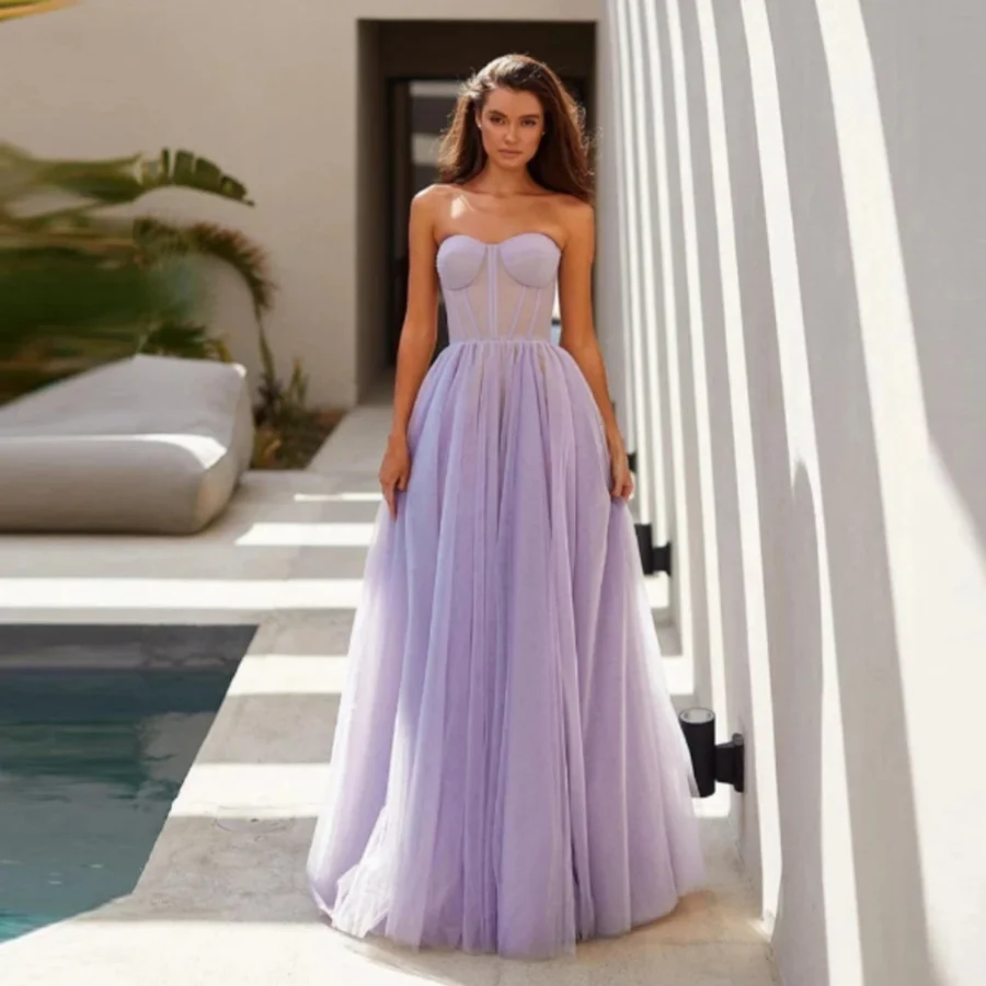 

OUSIRUI 2023 Prom Dresses Sweetheart Boning Fitted Top Simple Formal Evening Gowns Lavender Pink Blue Green A Line Tulle Long