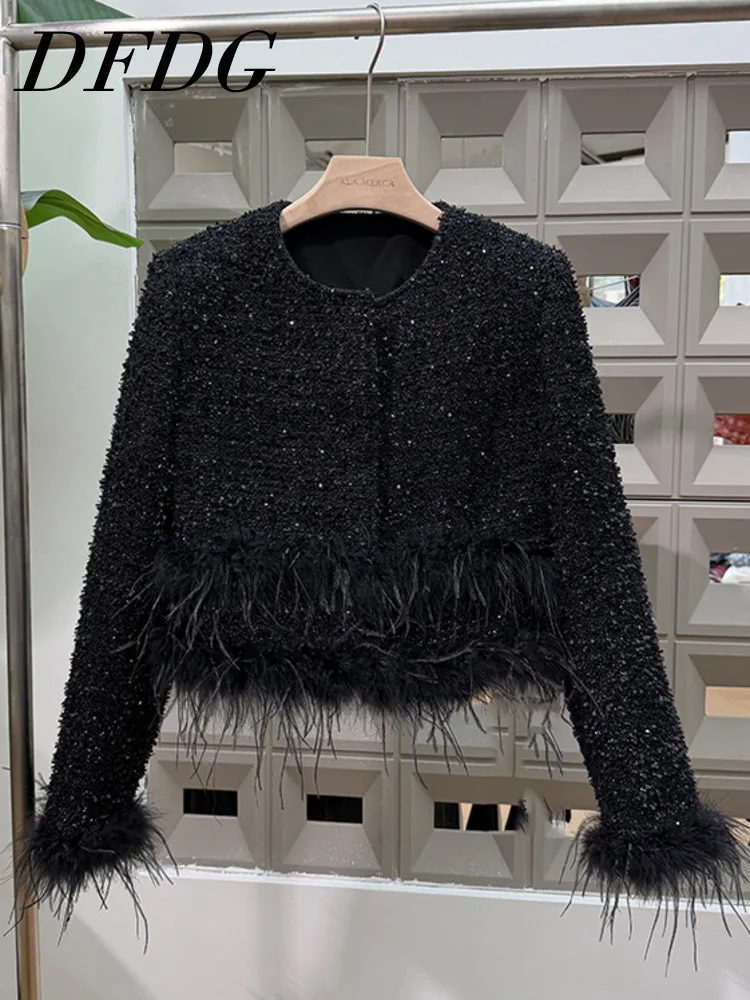 

DFDG 2025 Spring Autumn Women's Designer Tweed Blazer Sequined Patchwork Short Jacket Luxury Office Wear Glitter Detail Coat