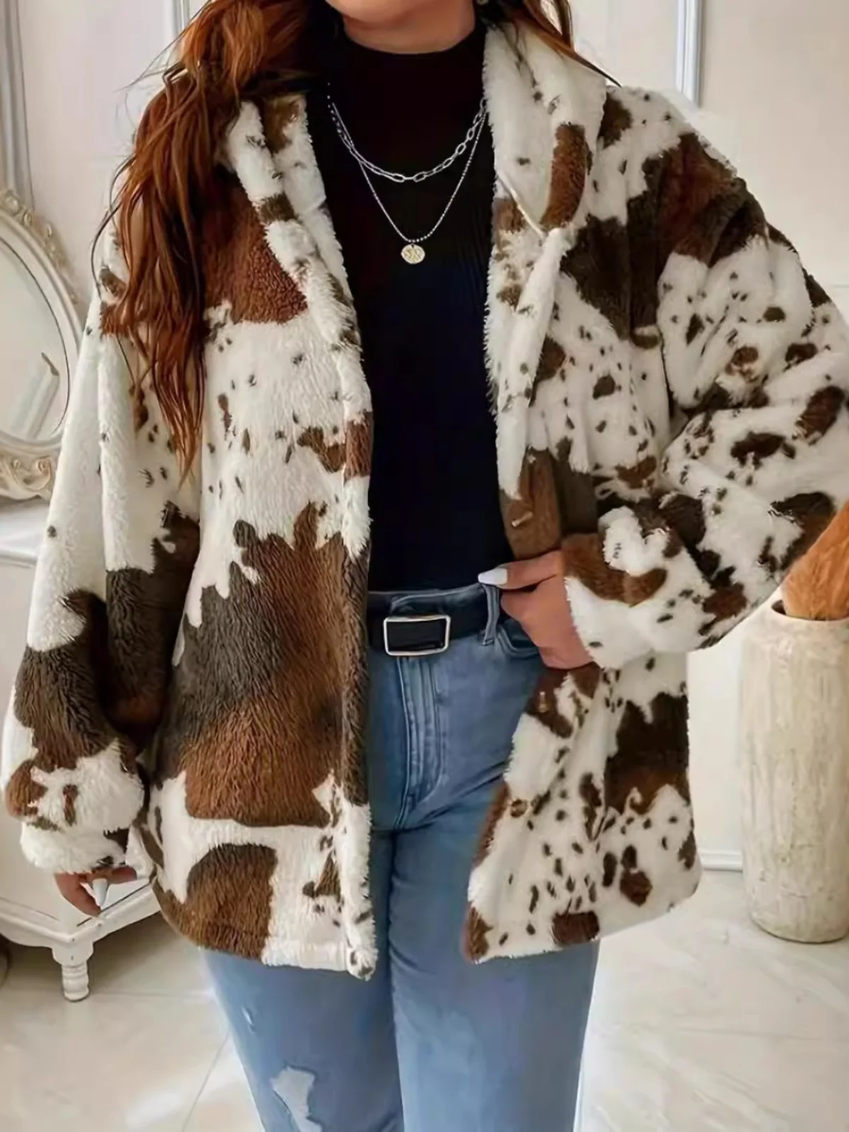 Modna bluza damska w krowie łaty, swobodny długi kardigan z kapturem, odzież wierzchnia, ocieplana na jesień i zimę...