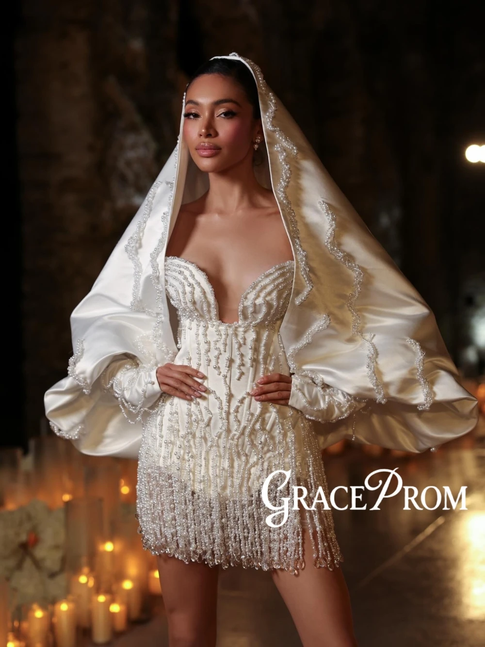 Elegant Short Reception Wedding Dress With Beaded Bodice and Oversized Pearl-Trimmed Satin Cape Customized Chic Stunning Wear