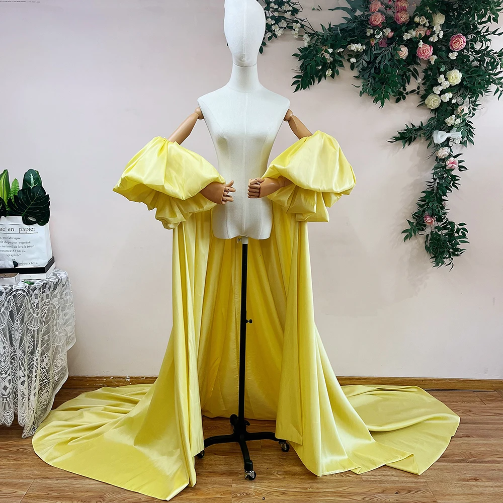 

Puffy Short Sleeves Yellow Taffeta Wedding Cape Romantic Bridal Wrap Jacket With Long Train Fashion Evening Runway Cape