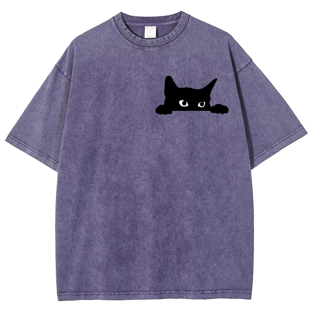 Short Sleeve Tops Washed Shirt Oversize Vintage Round Neck Unisex Fit T Shirts Cat Print In The Upper Left Corner Y2K Style