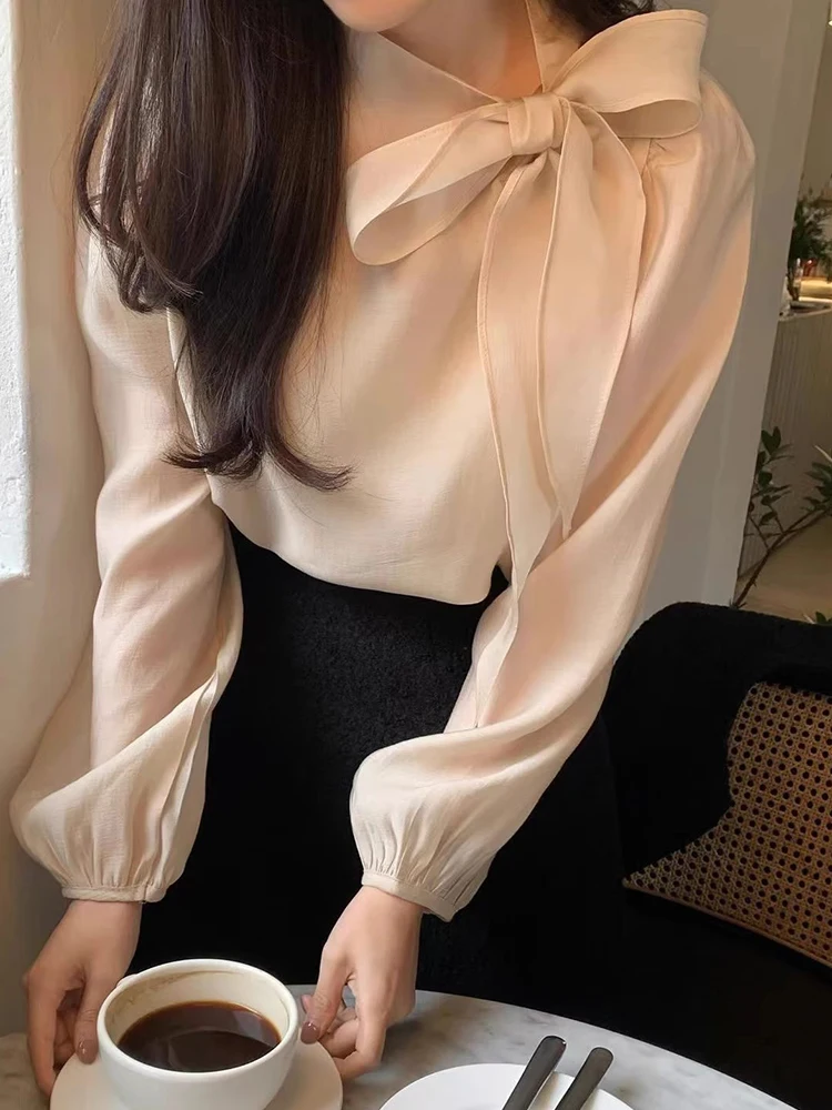 

Chic Early Spring Design Loose Casual Pure Color Long Sve irt with Bow Tie Stand Collar Korean Sle Women's Top