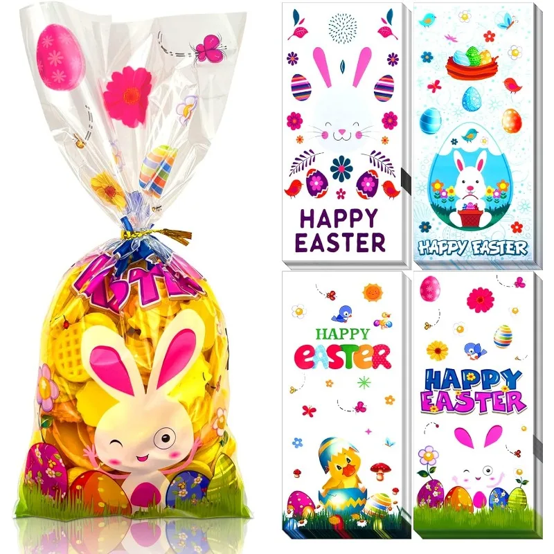 50Pcs Easter Cellophane Candy Bags Easter Egg Rabbit Goodie Treat Bags Plastic Clear Candy Bag for Easter Party Favor Supplies