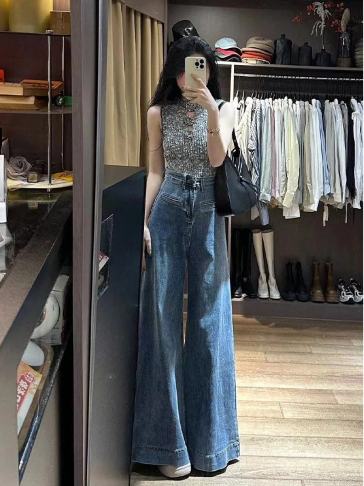 

High Waist Wide Leg Jeans Women's Small Size Retro Hong Kong Sle Loose Fit Elastic Slimming Versatile Lazy Dra Floor-Le...