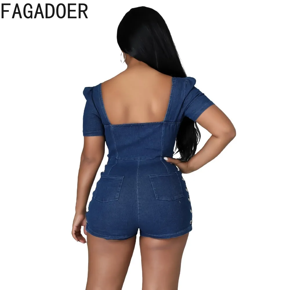 FAGADOER Sexy Bandage Patchwork Denim Rompers Women Zipper Short Sleeve Bodycon Jeans Jumpsuits Female One Pieces Overalls New