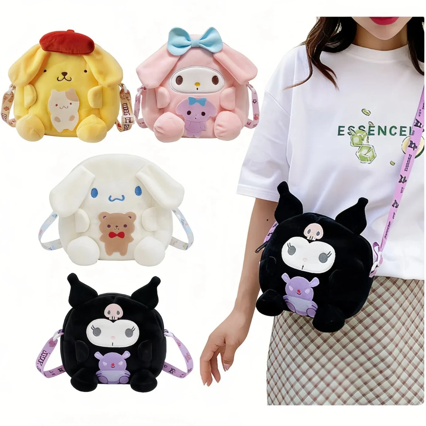 Estuche de Lápices de Peluche de Poliéster con Diseño de Anime Sanrio Kuromi Melody - Linda Bolsa Bandolera de Dibujos Animados con Decoración Colgante para Regalo