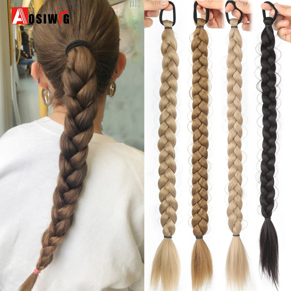 

Synthetic Braided Ponytail Extensions Black Hairpiece Long Pony Tail with Hair Tie Rubber Band Hair Blonde for Women