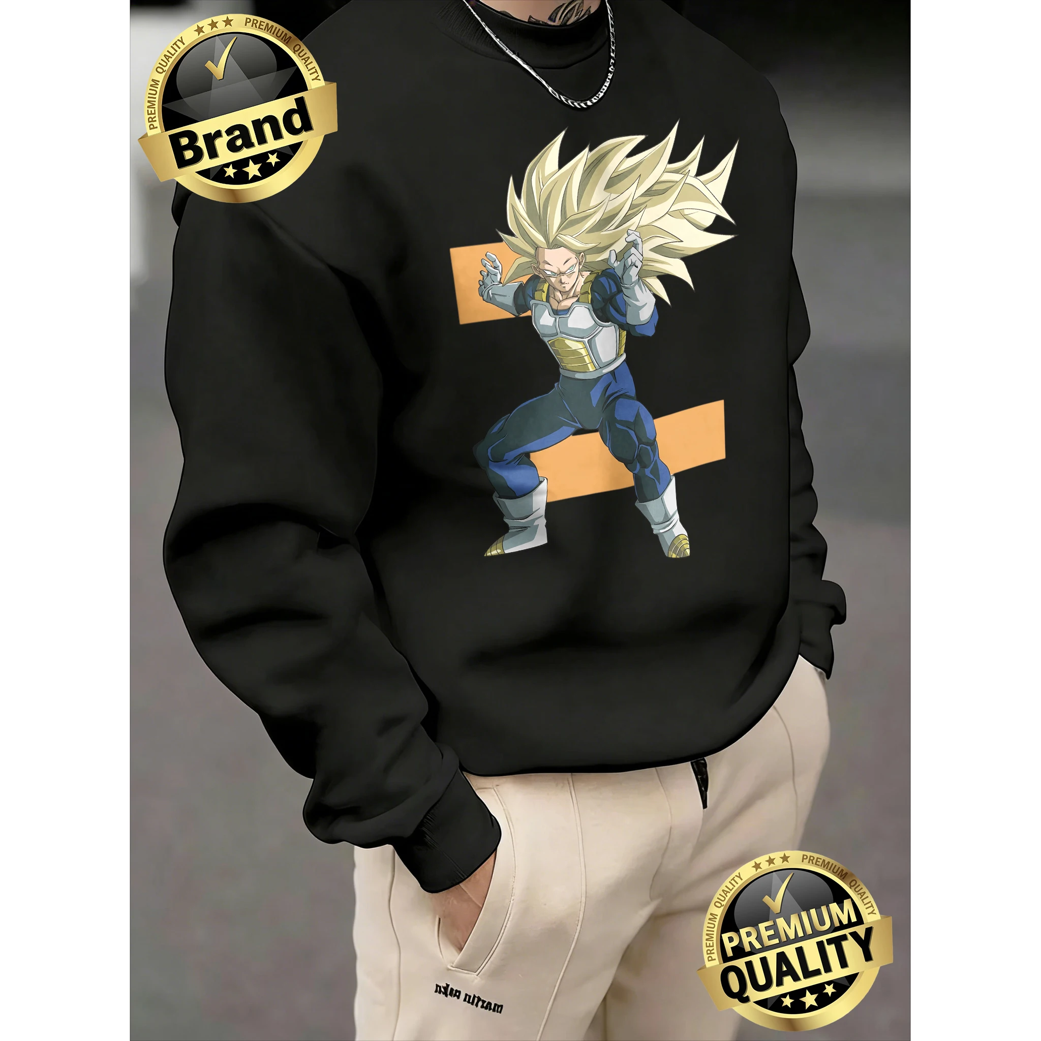 

2026 Spring Autumn Dragon Ball Vegeta Super Saiyan 3 Print 100%Cotton Crew Neck Sweatshirt Men's Oversized Streetwear Unisex Top