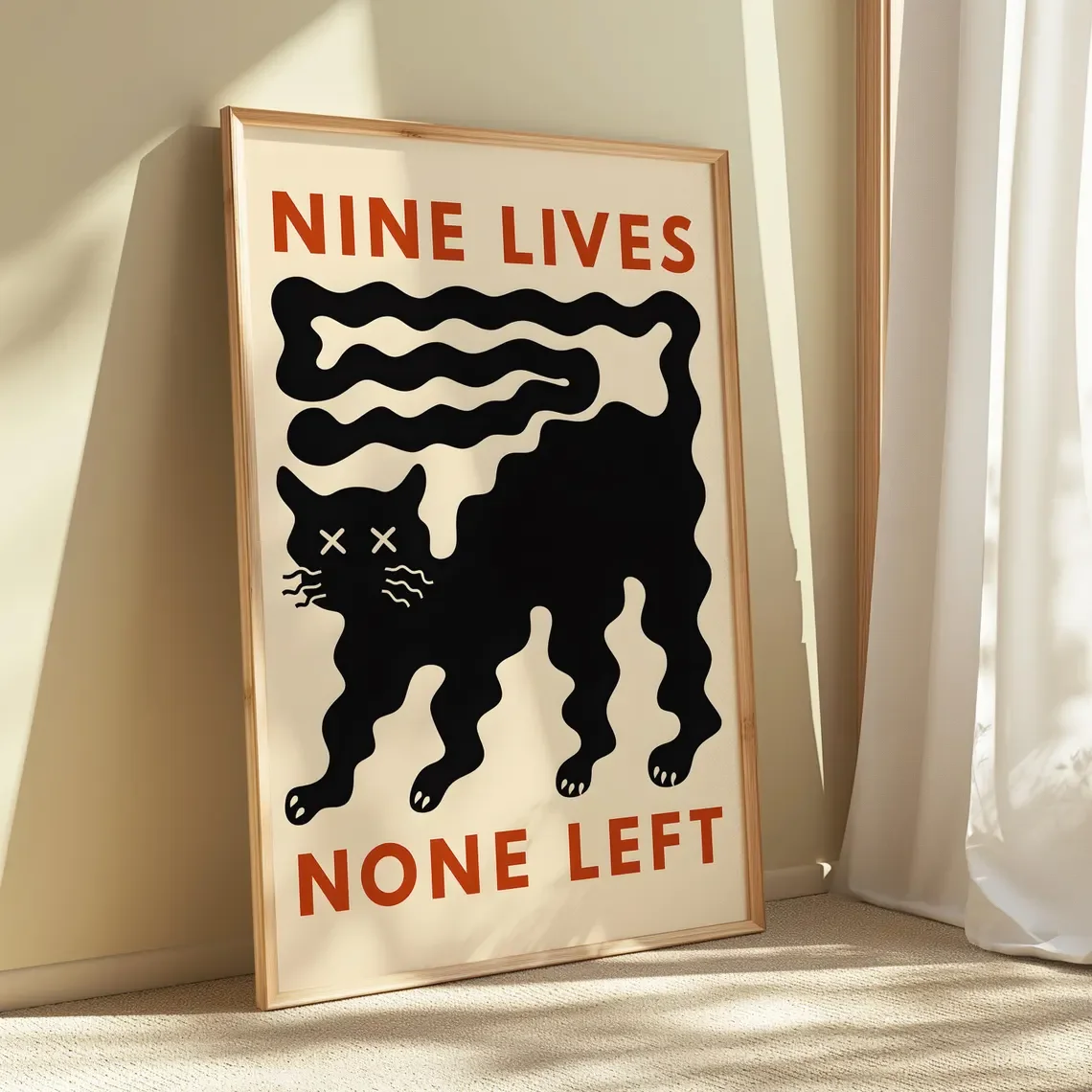 Edgy Retro Cat Wall Art - Minimalist Wavy-Lined Print of a Black Cat Embracing Exhaustion, Blending Mid-Century Modern Aesthetic
