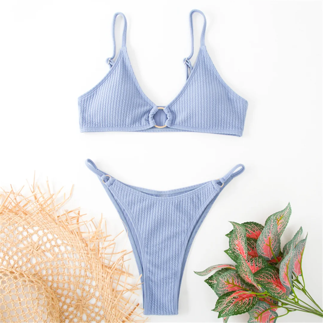 Gerippter Metallring-Bikini, zweiteiliger Damen-Badeanzug, Damen-Badebekleidung, hoch geschnittene Beine, gepolsterter Badeanzug, Badeanzug, Schwimmkleidung V7120 – Detail 24