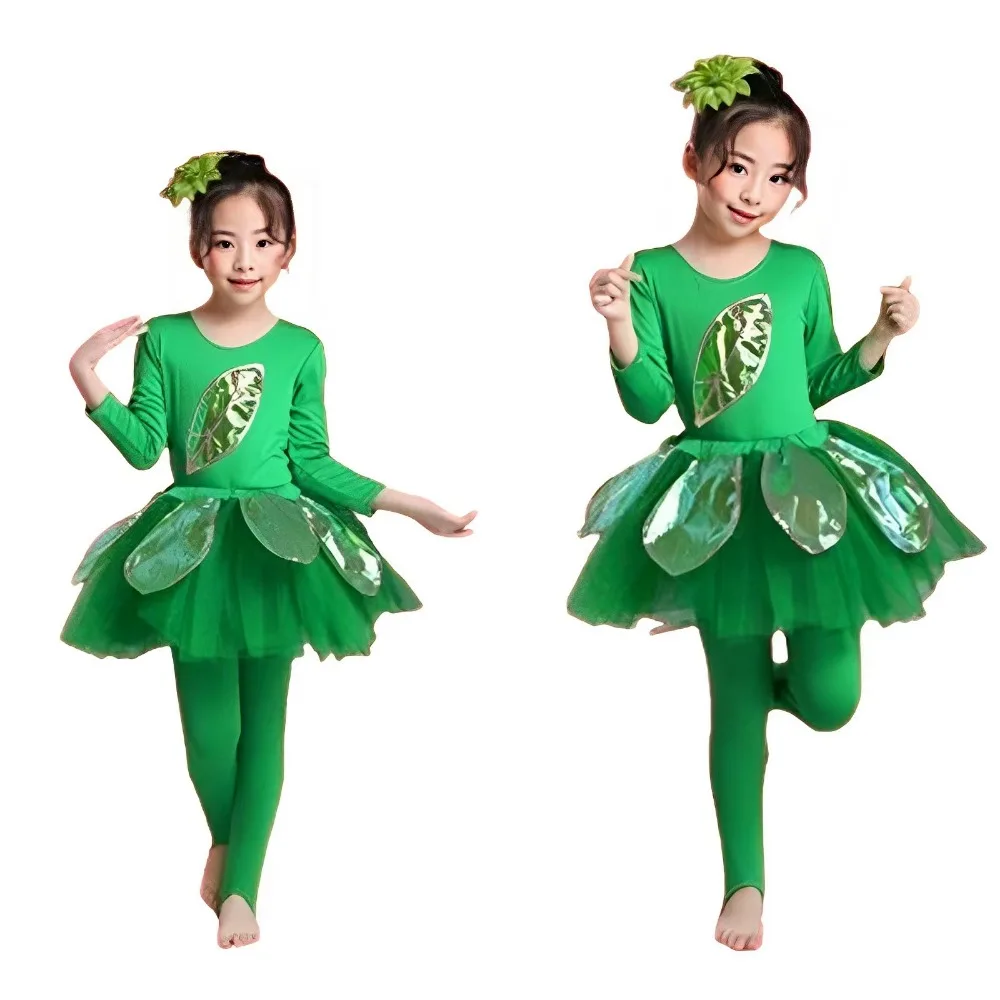 Earth Day Girls Costume Eco-Friendly Forest Conservation Costumes with Green Leaf Design for Children\'s Grass Dance