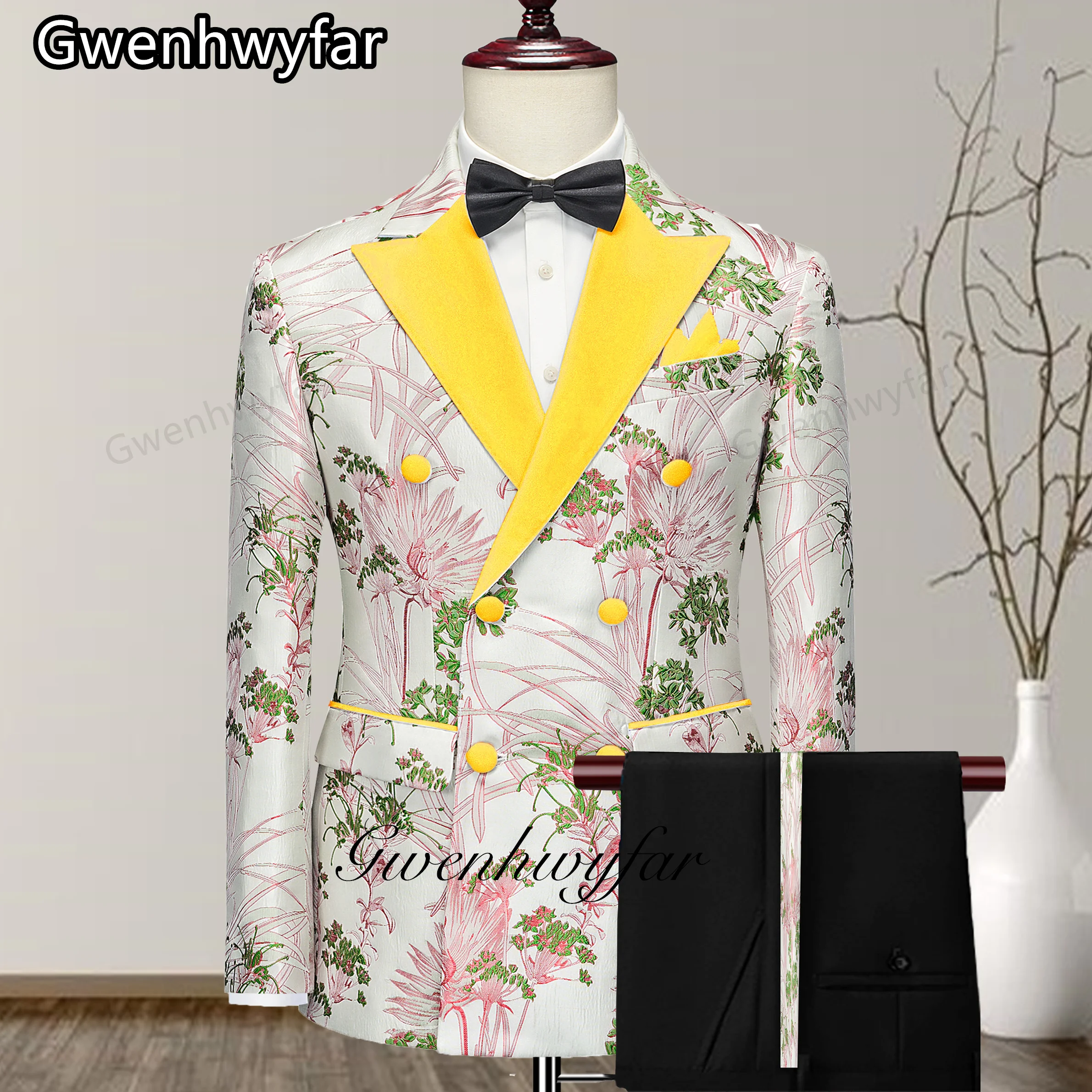 

Gwenhwyfar New Arrival Fashionable Double Breasted Yellow Pointed Lapel Slim Men's Suit With Pants Patch Best Men's 3-Pieces Set