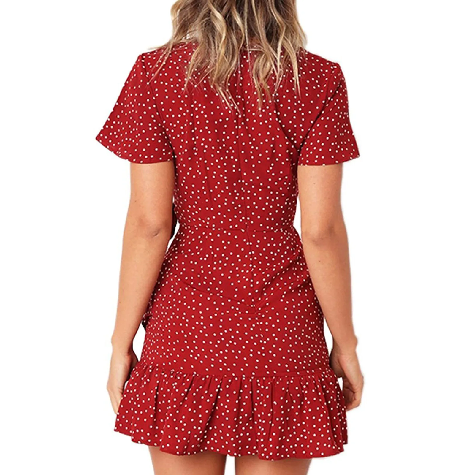 Women Sexy Dress Deep V-Neck Short Sleeve Floral Print Mini Ruffle Wrap Dress with Self tie at Waist