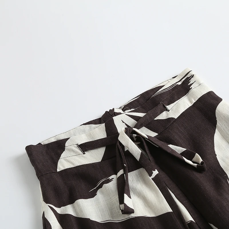 กระโปรงผ้าลินินลายป่าฝนเขตร้อนทรงเอไลน์เอวสูงผูกโบว์ ความยาวปานกลางสำหรับผู้หญิง
