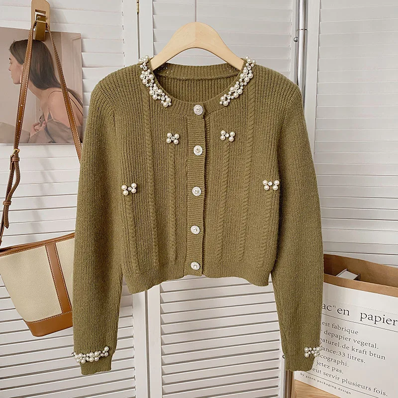 Vintage Knitted Cardigans Women Spring Autumn New Beading O-neck Single Breasted Warm Sweater Coats Gentle Elegant Female Tops