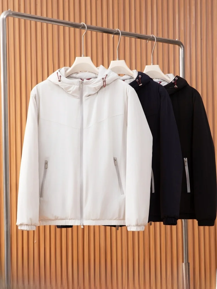 

Modern Luxury Men's Cotton Jaet Hooded Windproof Warm Fill Wool Cotton Coat Stand Fit Youth Faion Long Sve Pure Color