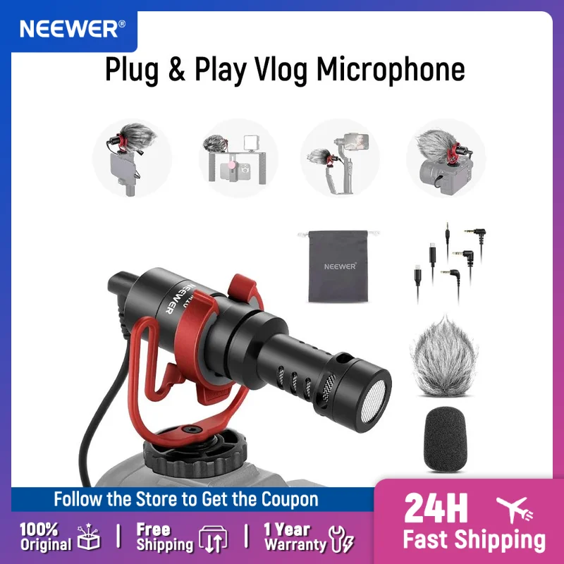 

NEEWER VM10 Mini Plug & Play Vlog Microphone 3.5mm TRS USB C OTG Shock Mount Windscreen Mic for iPhone Samsung Android Ph