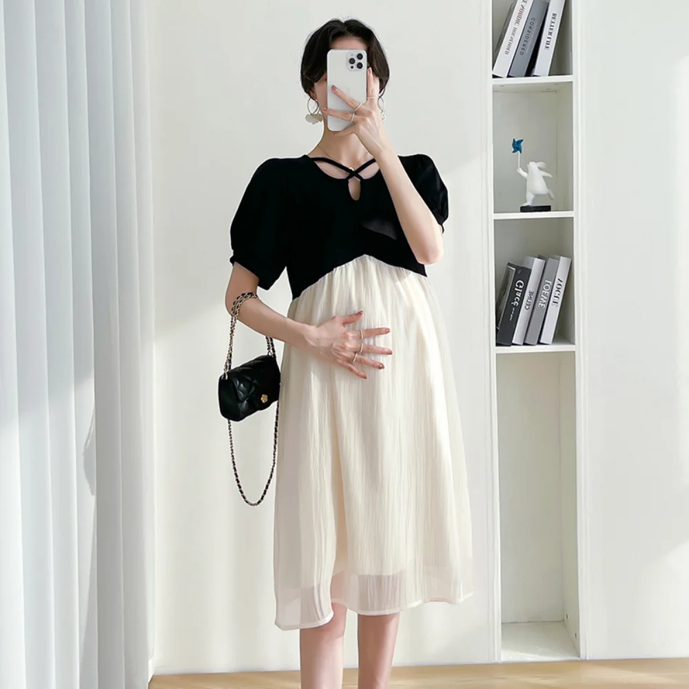 2023 Summer Fashion V-Neck Maternity Dress Short Sleeve Patchwork Gauze Dresses for Pregnant Women Elegant Pregnancy Clothes