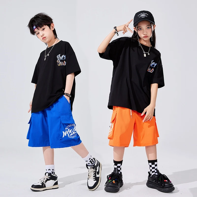 

Summer Kids Hip Hop Clothing Boys Black T Shirt Short Sleeves Sport Jogger Wear Girls Street Dance Outfits Stage Wear BL14734