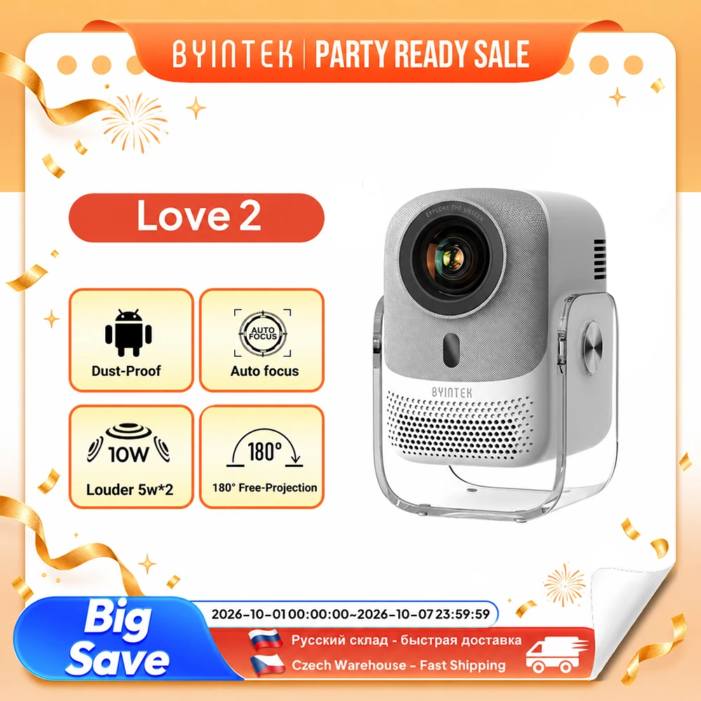 BYINTEK LOVE 2 1080P Full HD Smart Projector Auto Focus 180° Rotatable Android 9.0 5G WiFi Bluetooth Hone Theater Projectors