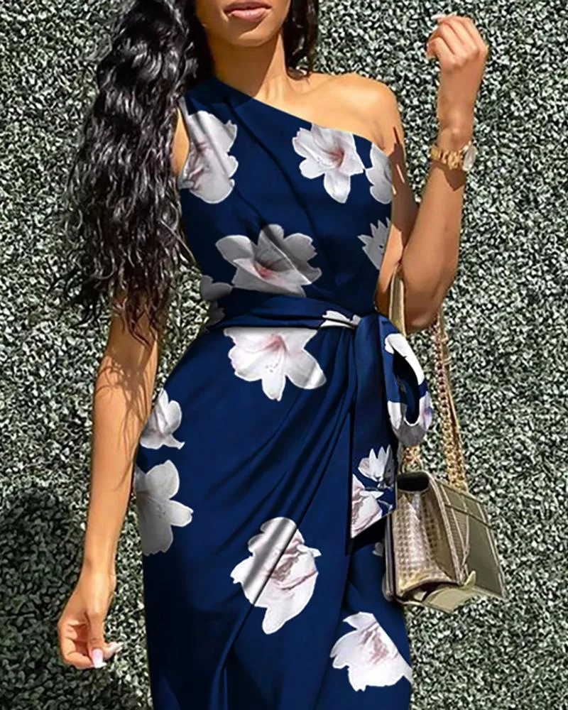 een Zijde Satijn Off-shoulder Svel Dr met Riem Losse Avondjurk voor Vrouwen Sexy Knoop Detail Hoge Taille Midi Rok