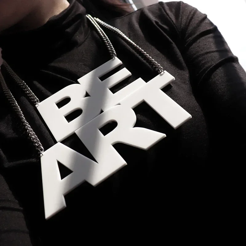 

KUGUYS (2pcs/lot) Big White Letter "BE ART" Pendant Necklace for Women Hyperbole Accessories Silver Color Chain Acrylic Jewelry