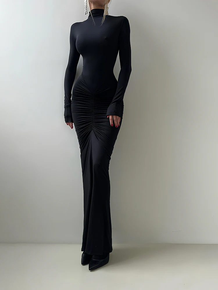 Strano gatto elegante abito dolcevita donna classico increspato tendenza autunnale manica intera elasticizzato festa ballo skinny elasticizzato abiti slim