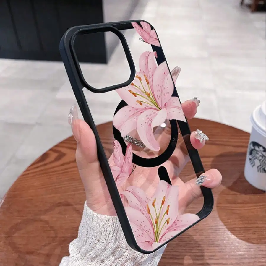 Pink Lily Magnetic Phone Case for iPhone 17 16 15 14 13 12 11Pro Max Plus. It features a stylish pattern design