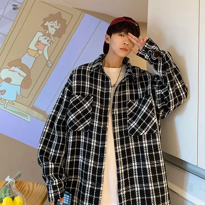 

Осенняя новинка: мужская свободная повседневная куртка в клетку, удлиненная, однотонная, из полиэстера, молодежная, для весны и зимы