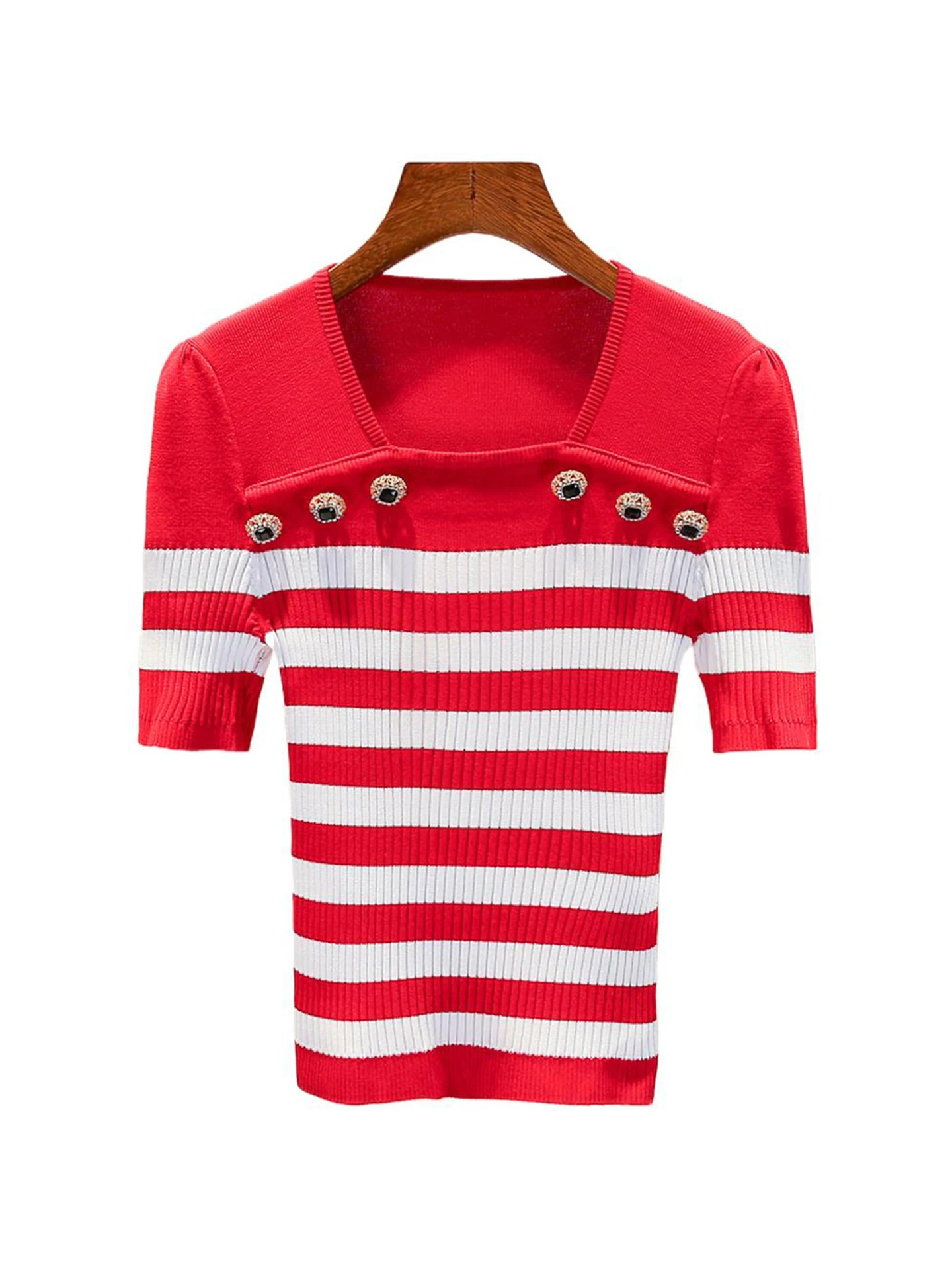 

Red Striped Slim Fit Knitwear Square Collar Top for Women Ele Commute Sle ort Sve Chinese Production 2025 Autumn N...