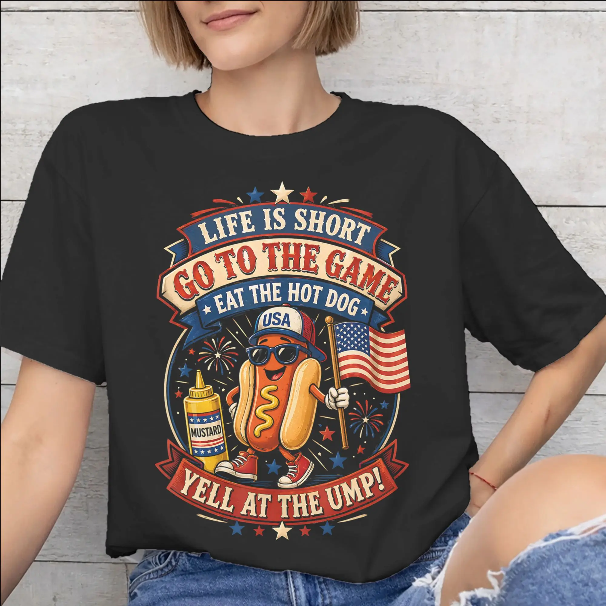 Mens Womens Life is Short Go to The Game Eat The Hot Dog Yell At The Ump Shirt Cotton Graphic Printing Tee Shirts  Top Clothing