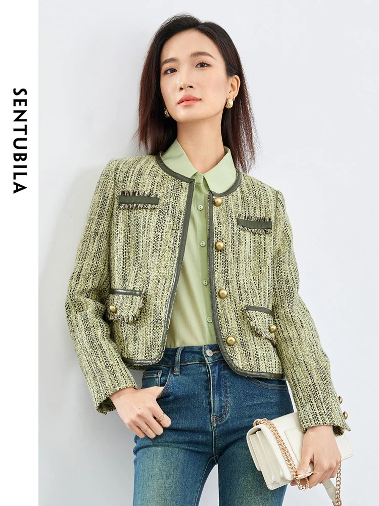 SENTUBILA Elegant Single Breasted Contrast Spliced Cropped Tweed Jacket 2024 Spring Luxury Straight O-neck Woman Coat Q41W52932