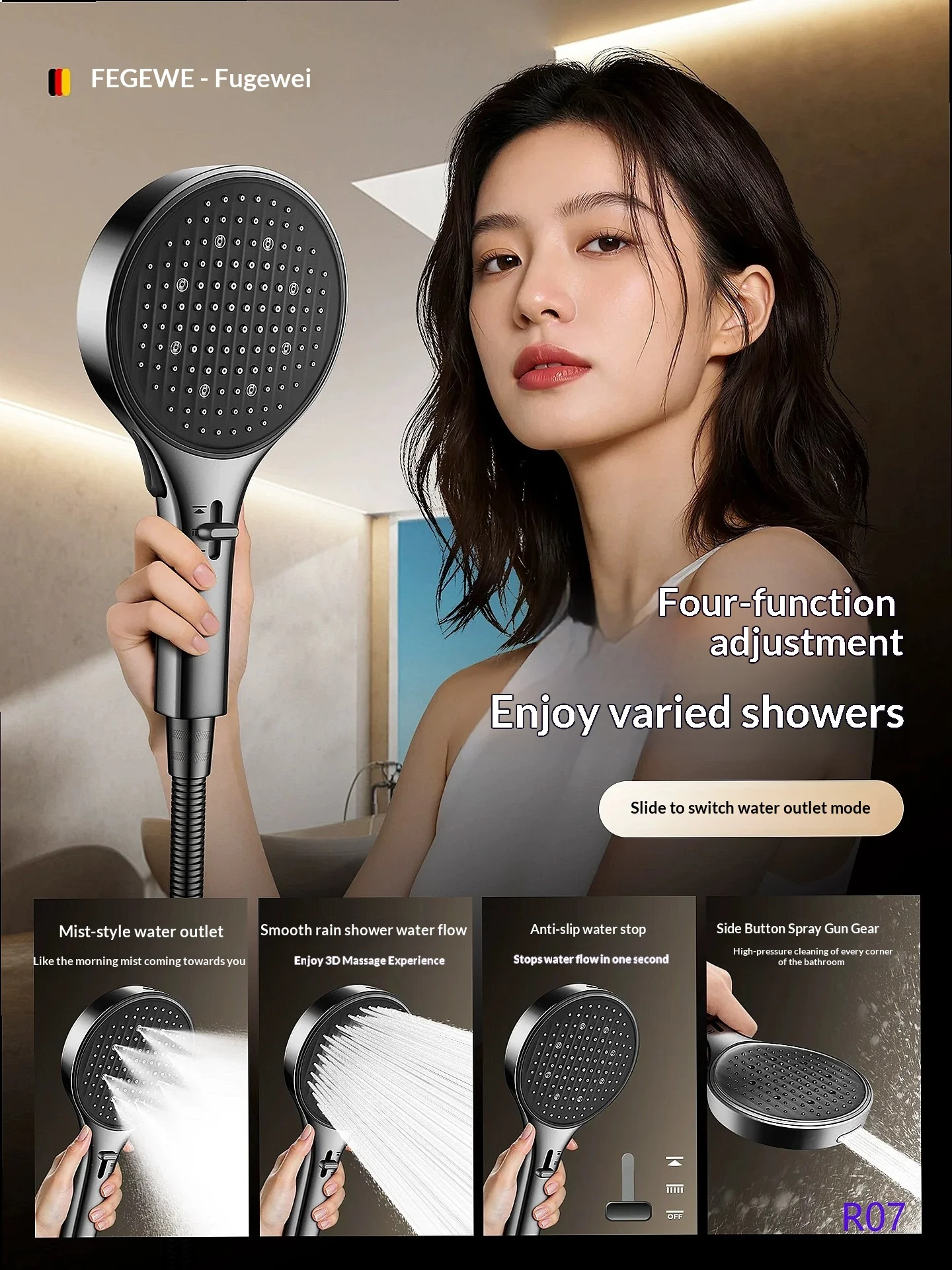German‑Style High‑Pressure Large‑Panel Rainfall Shower Head, Water‑Saving Nozzle for Bathroom Use
