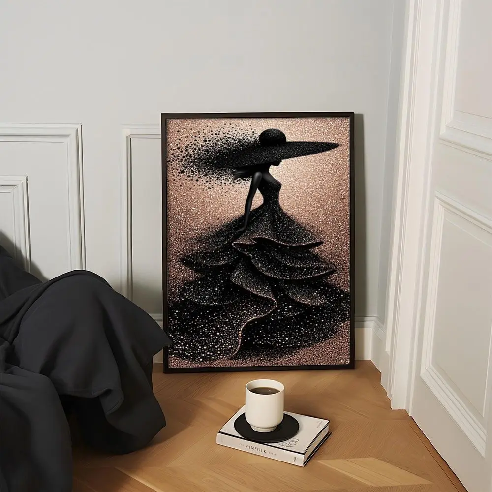 A decorative ink particle style black skirt illustration for a lady, with a niche artistic sense and home hanging painting