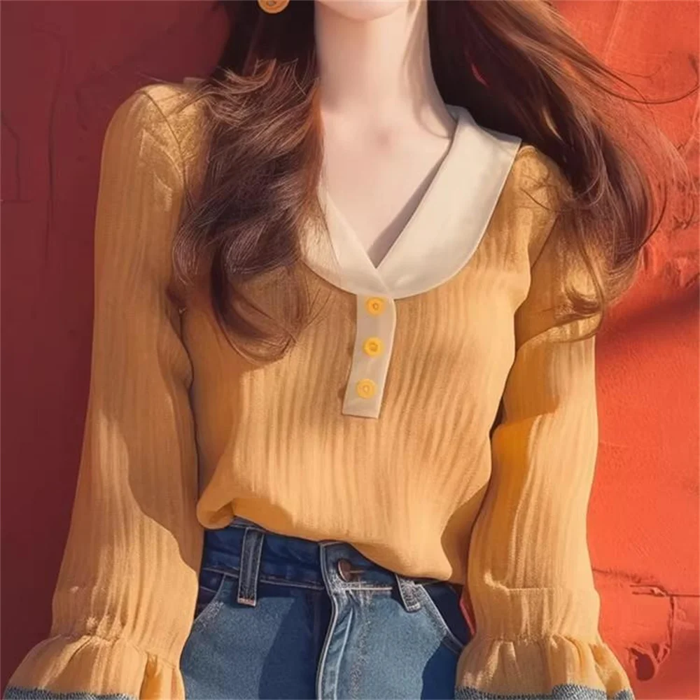 

Chiffon Vintage Women's Shirt Summer New 2025 Spring Fashion Korean Clothing Hot Sales Loose Tops Elegant V-neck Women Blouses