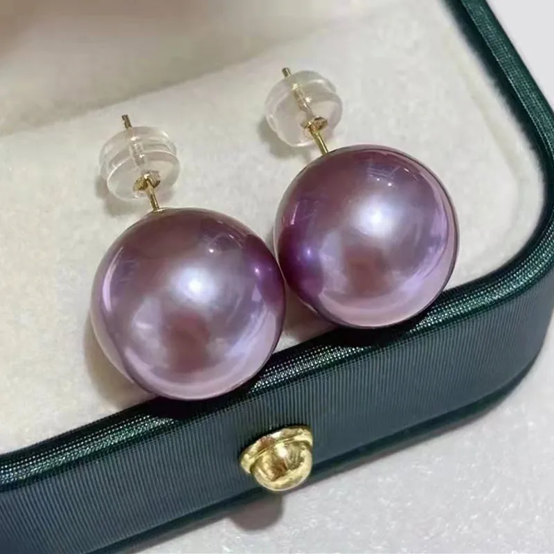 

12-14 mm AAA round large freshwater purple Edison pearl 925 silver earrings