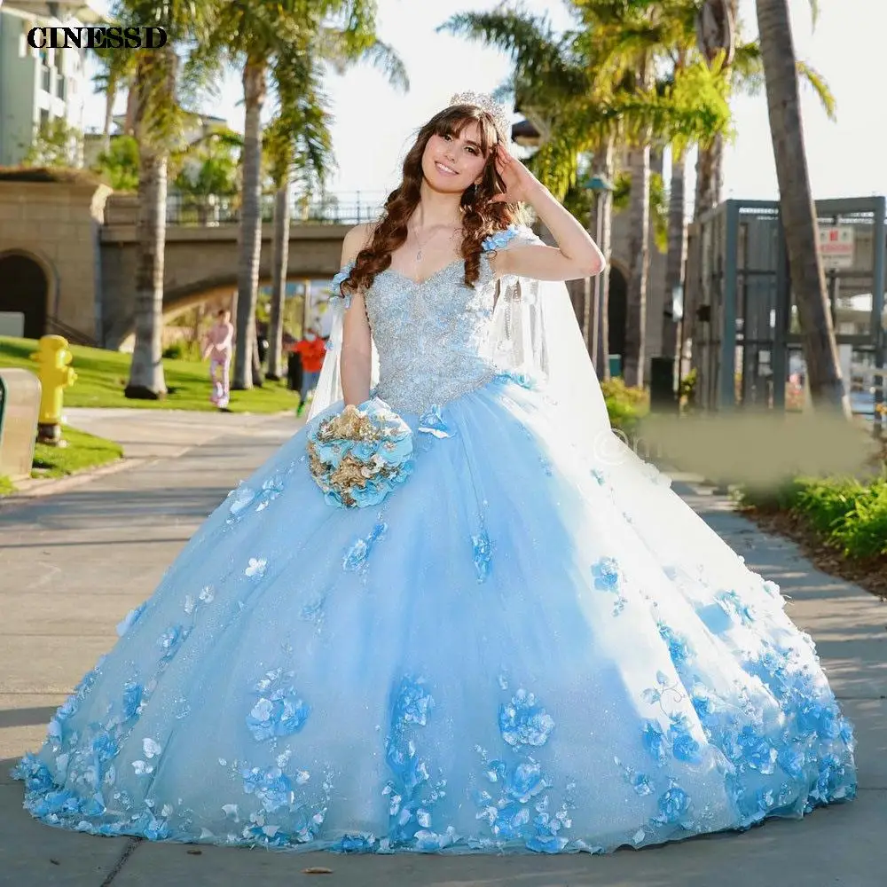 Light Blue 3D Flowers Quinceanera Dress Ball Gown With Cape Off The Shoulder Beading Appliques Plus Size Pageant Party Sweet 15