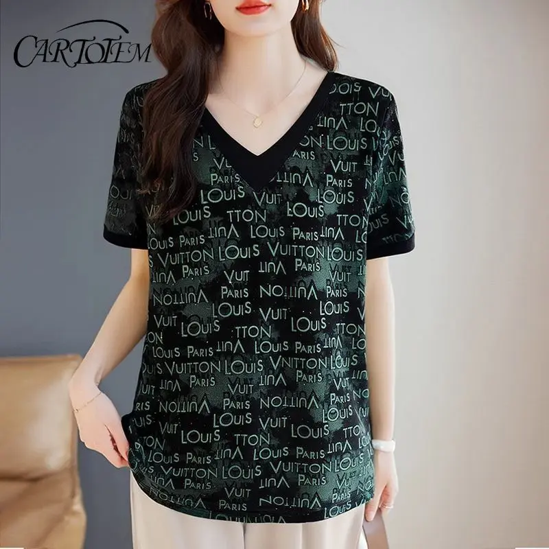 

Женская летняя футболка с короткими рукавами и буквами с цветными блоками, новый стиль, большой топ средней длины