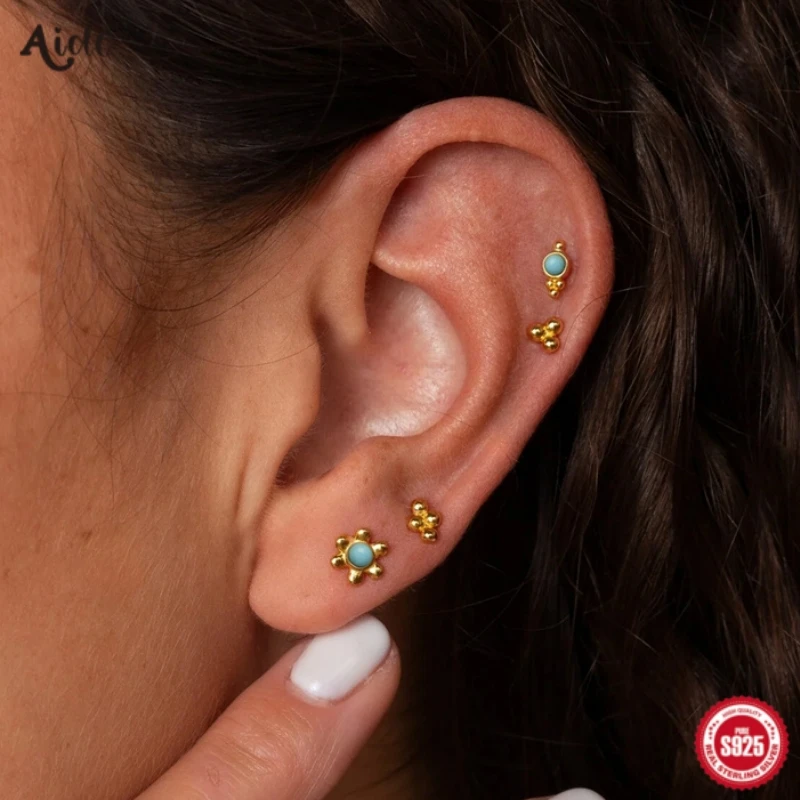 Aide 4pcs Set 925 Sterling Silver Turquoise Flower Stud Earrings For Women K Gold Chic Elegant Fine Jewelry High Quality Gift