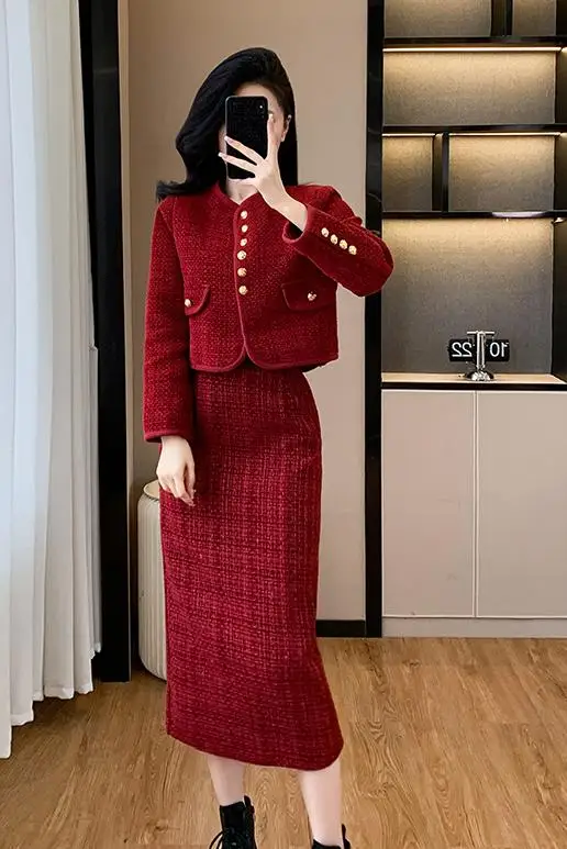 Fall Winter Christmas Small Fragrant Tweed 2 Piece Sets Women Outfit High Quality Sweet Jacket Coat & Long Skirt Two Piece Suits