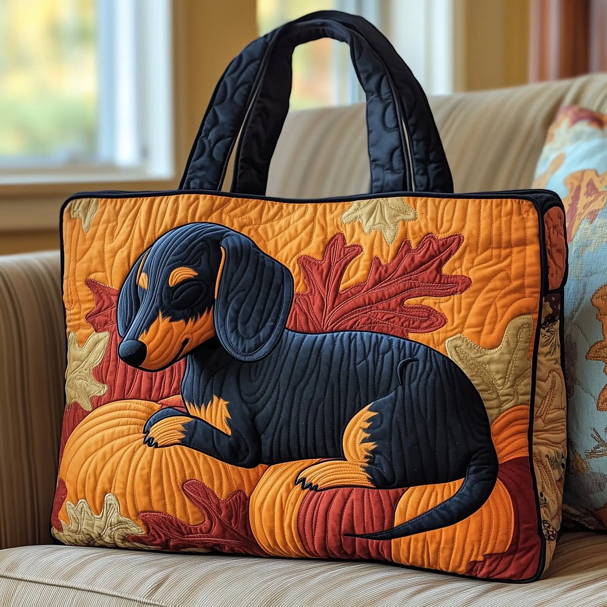 

Fall Autumn Themed Quilted Tote Bag Cute Dachshund Pumpkin Maple Leaf Print Shoulder Bag Casual Handbag for Daily Shopping