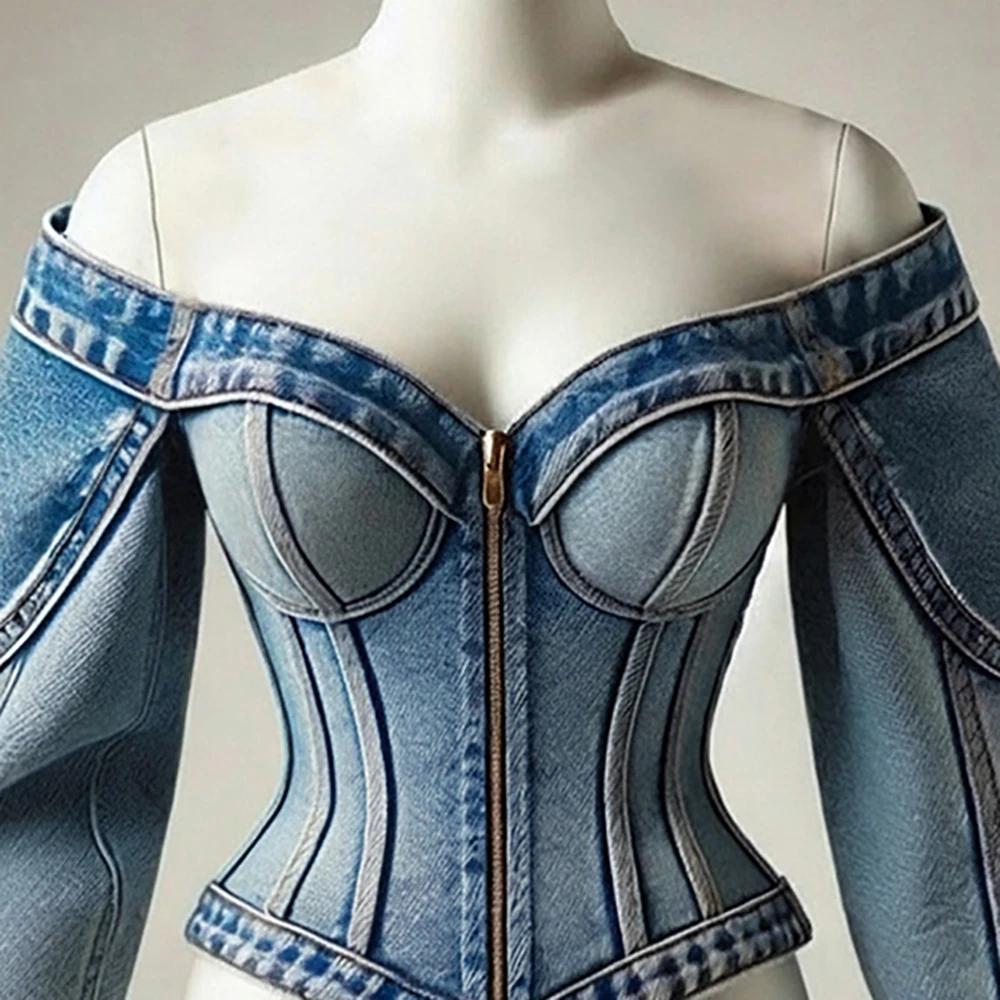 Damen Sexy Off-Shoulder-Jeansjacke mit Reißverschluss, Vintage-Waschung, Korsett-Top, schmal geschnitten, lange Ärmel, Y2K-Chic, Streetwear-Oberbekleidung, Mantel
