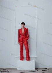 Red Lace Women Suit Pant Set 2 Piece Blazer+Trouser Sexy V Neck Formal Office Lady Coat Customized Wedding Tuxedo Prom Jacket