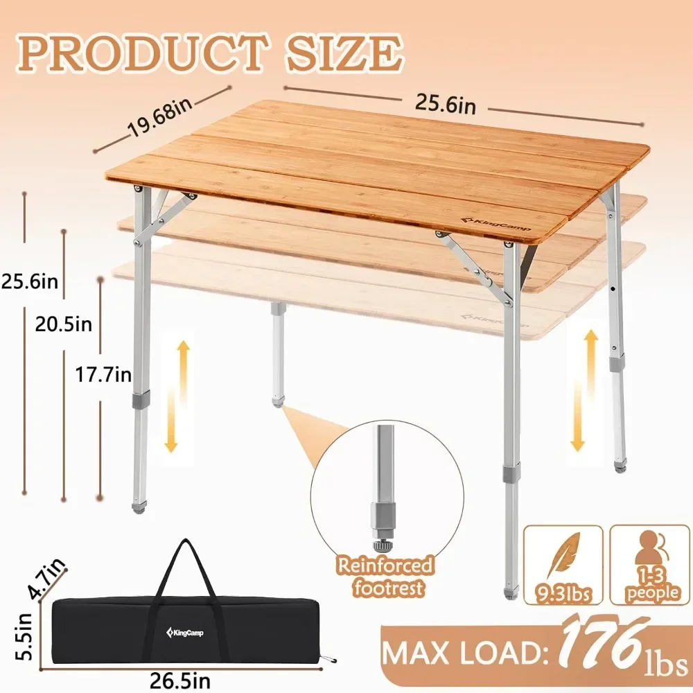 

-Bamboo Folding Table Environmental Camping Table With Adjustable Height Aluminum Legs Heavy Duty 4-Folds