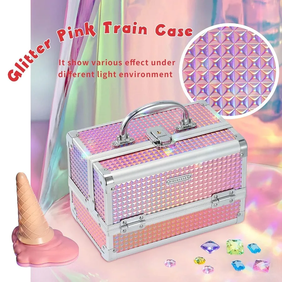 Przenośny kosmetyczny organizer podróżny z lusterkiem i mechanizmem blokującym: Kompaktowy organizer na kosmetyki do użytku w podróży, wytrzymała, twarda skorupa.